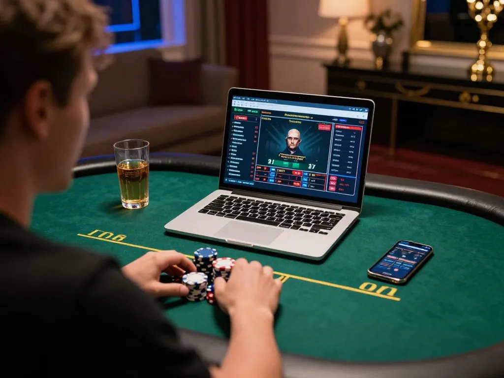 Player enjoying shbet online poker game interface with strategic betting chips and drink beside.