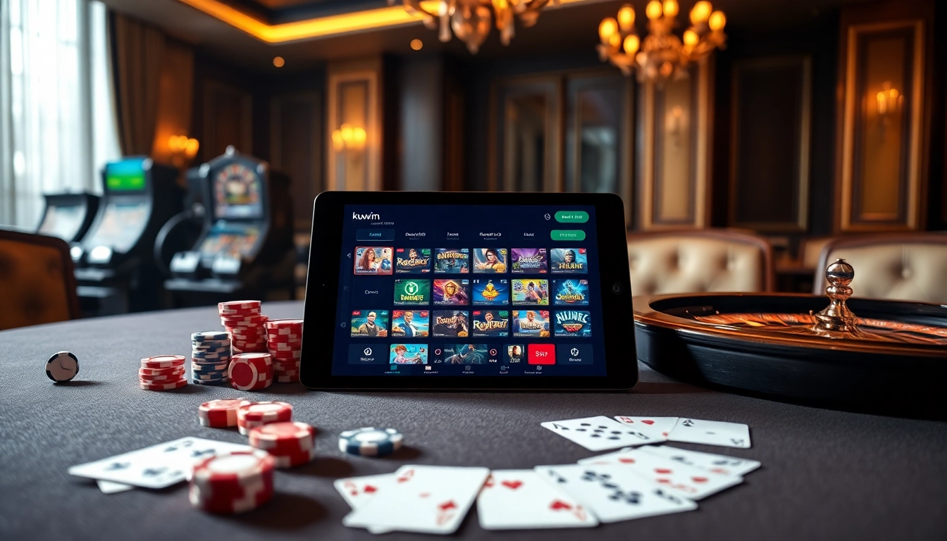 Engaging players at a luxurious gaming table on kuwin. com with poker chips and vibrant casino elements.