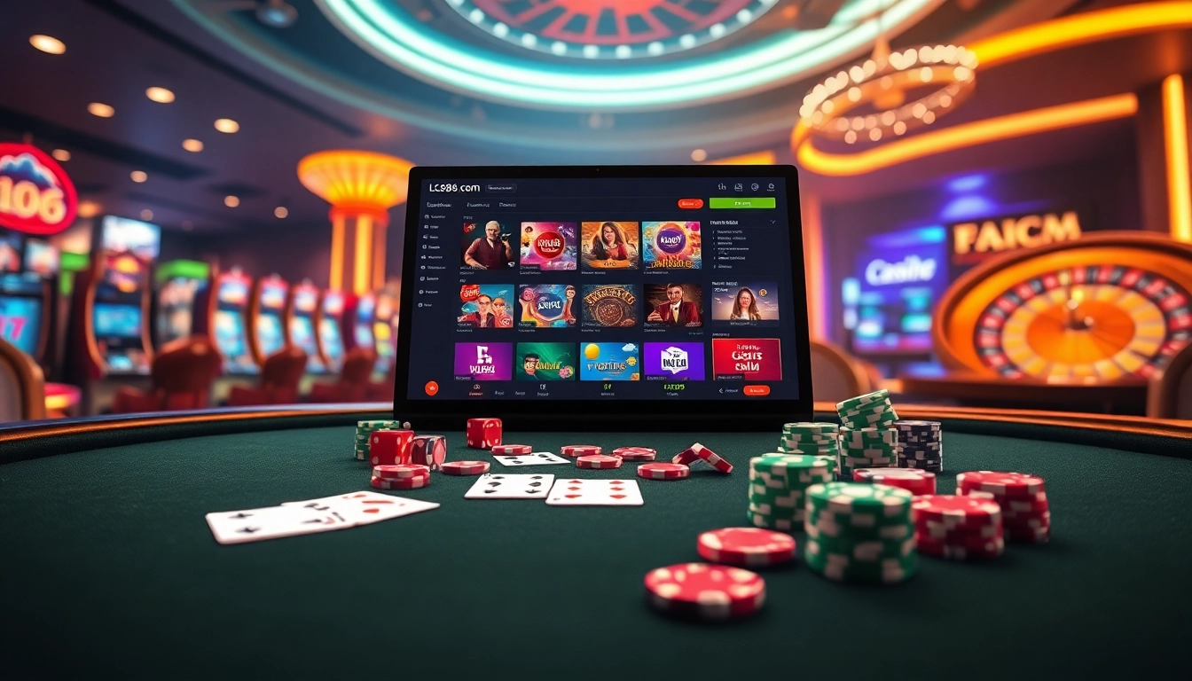 Engaging gambling moment on lc88.com with poker table, chips, and online interface representing excitement.