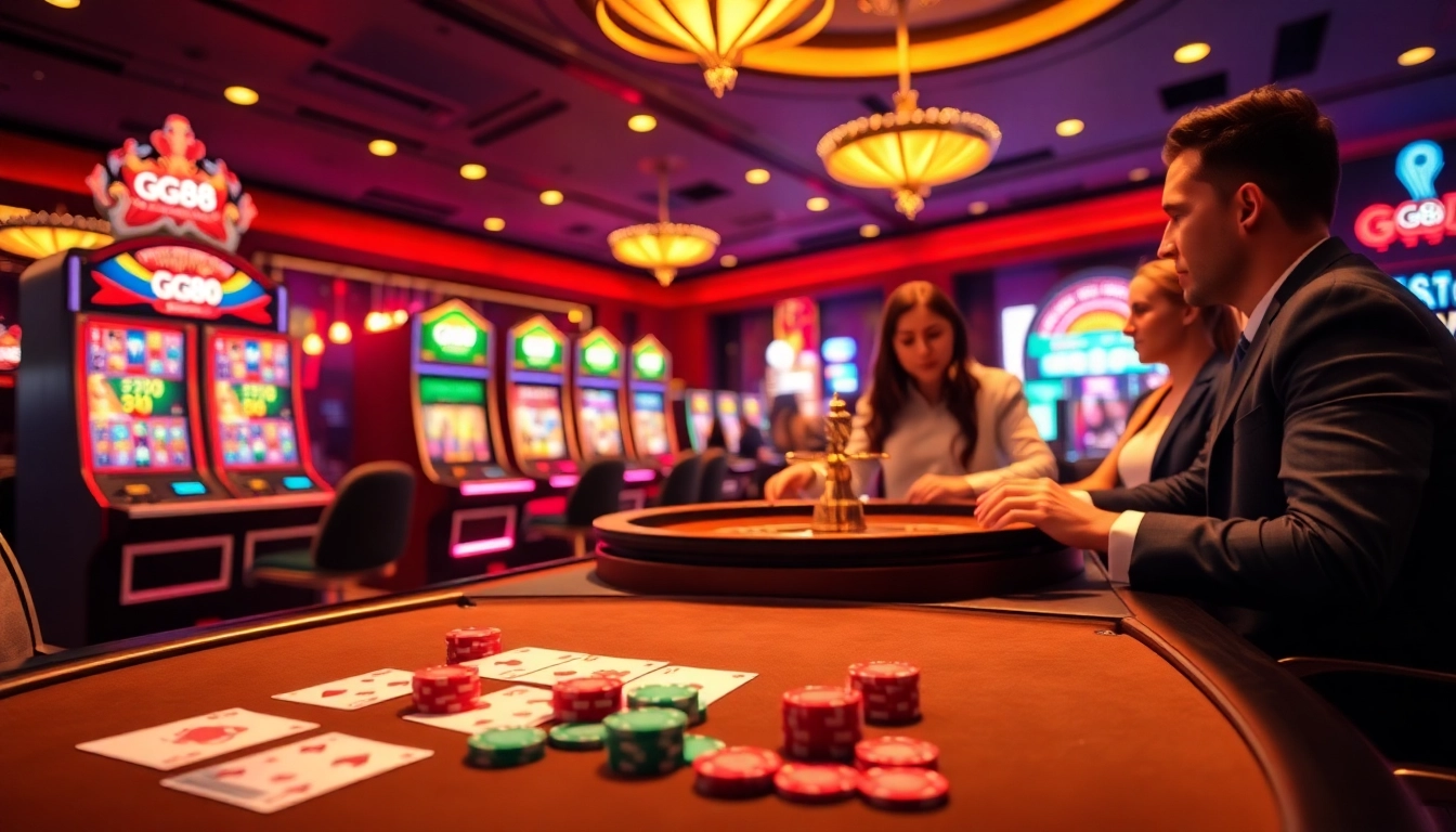 GG88 gaming table with elegant cards and chips, capturing casino excitement.