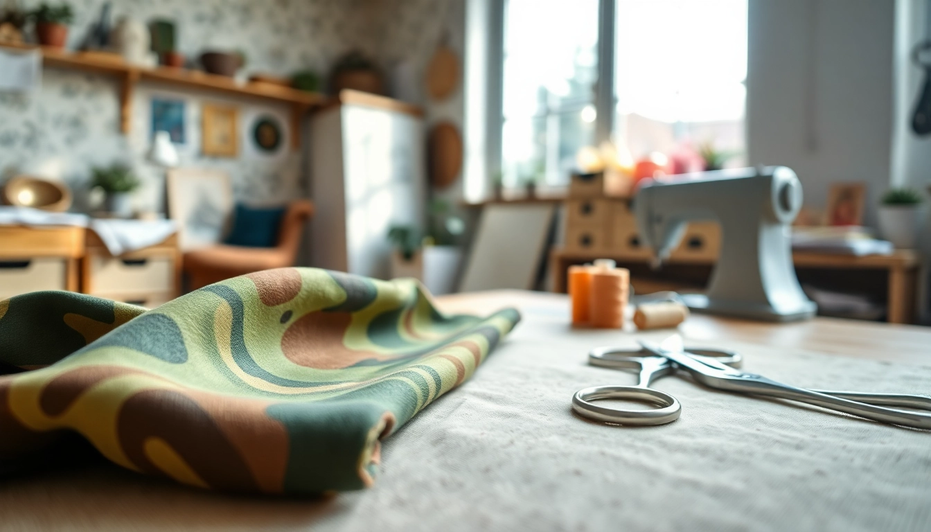 Sewing vibrant army print katoen fabric on a well-lit table with creative tools.
