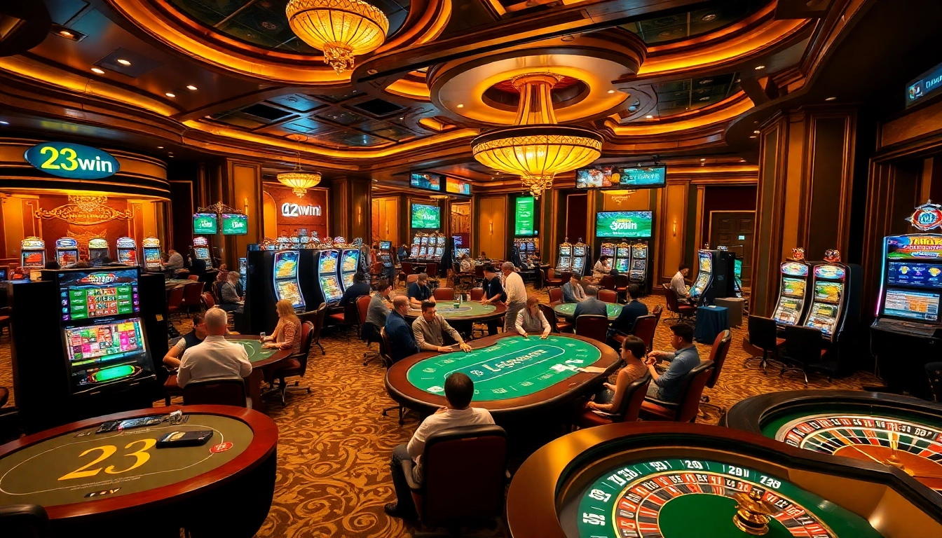 Players enjoying exciting games at a luxurious casino scene, highlighting 23win gaming experience.