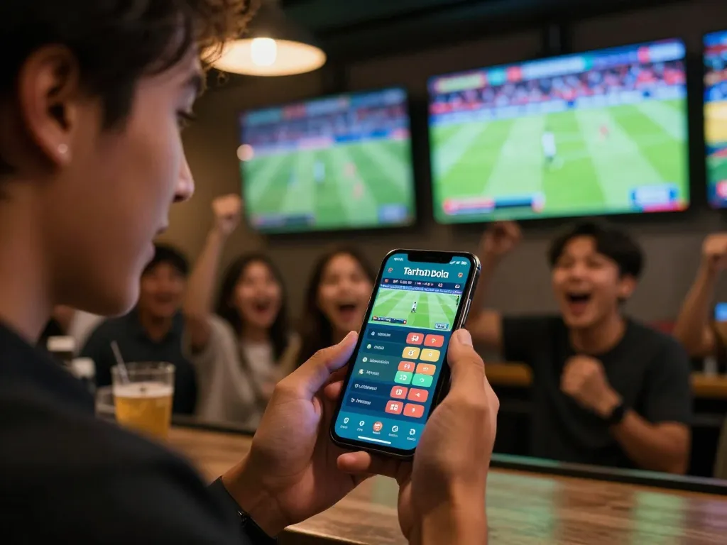 Engaging Taruhan Bola experience with smartphone betting interface in a lively sports bar, capturing excitement.