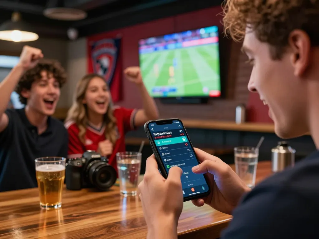 Engaging in live betting on the 23win app during an intense sports event with friends cheering.
