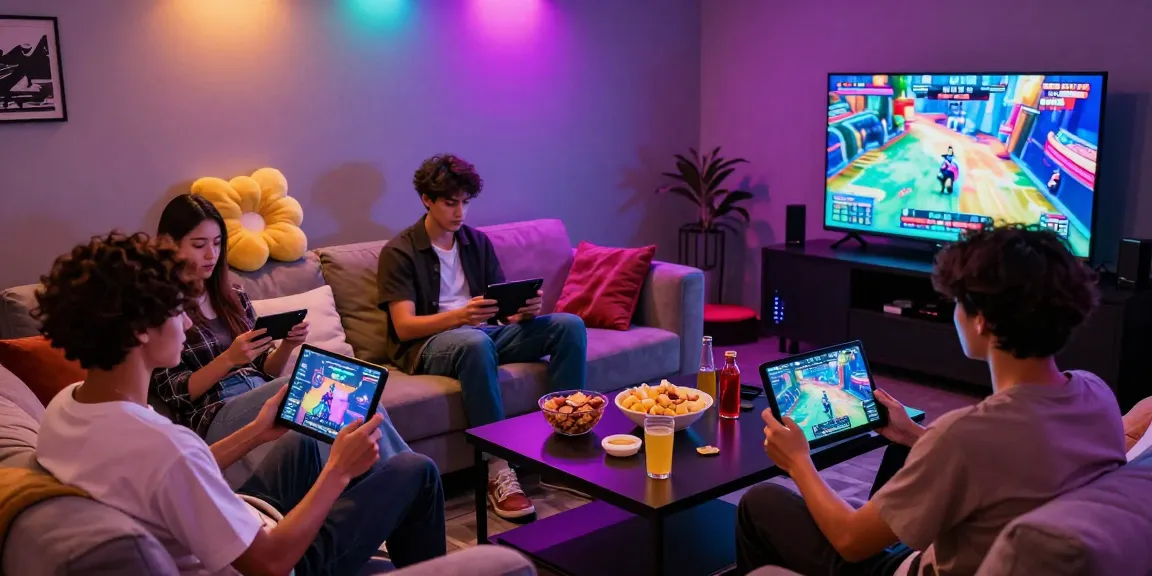 Friends playing exciting hentai games in a vibrant gaming lounge with ambient lighting and snacks.