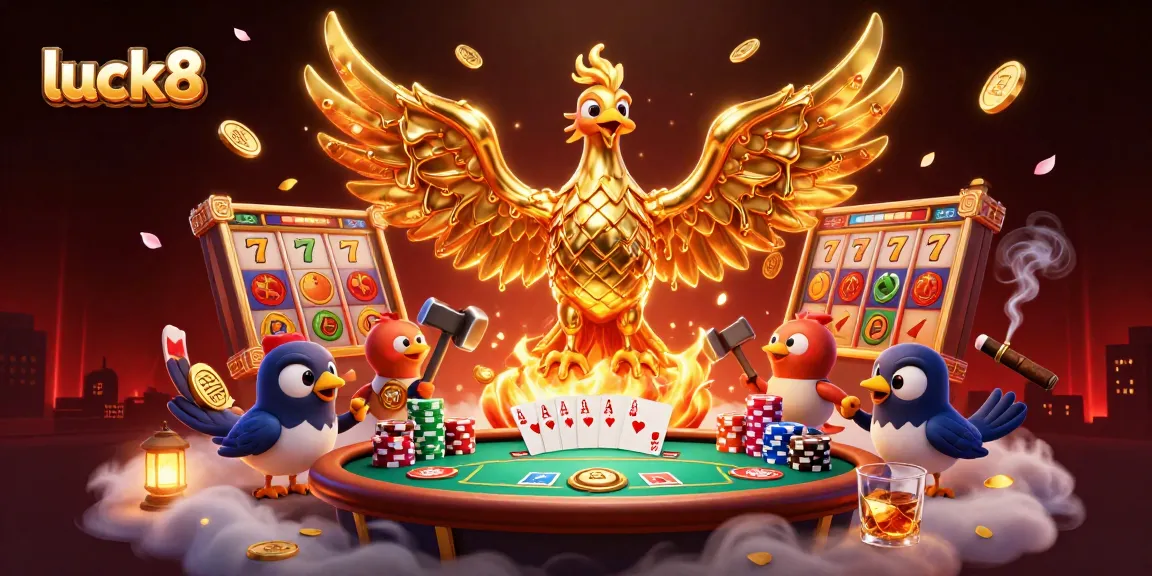Spin the reels at luck8, featuring a golden phoenix amidst vibrant jackpot and poker elements.