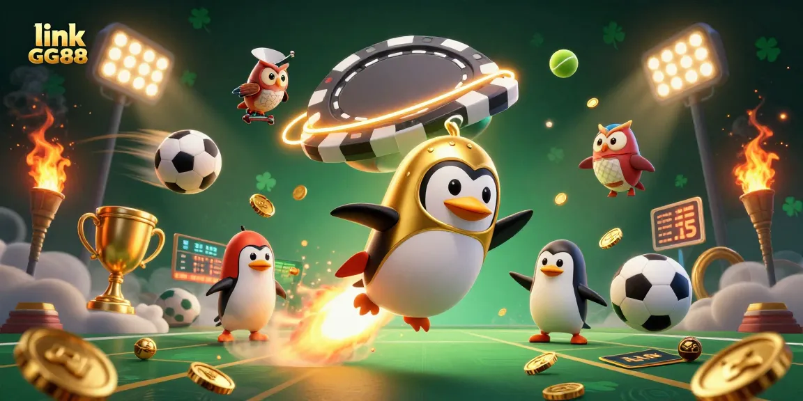 Win big with link GG88 in this vibrant, dynamic casino-themed illustration featuring a rocket-powered penguin.