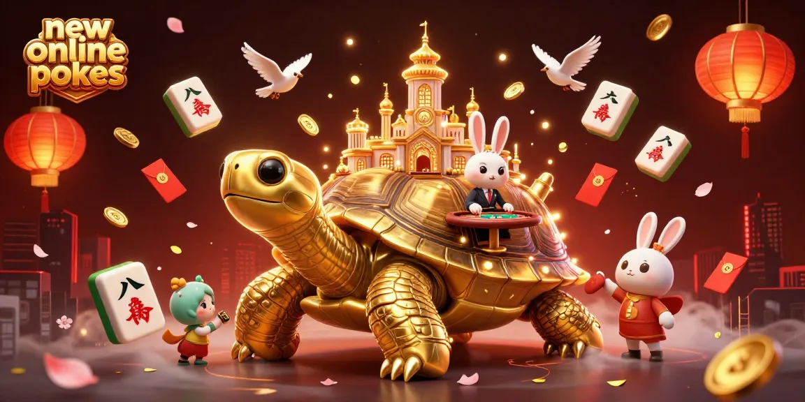 Spin new online pokies with a vibrant 3D casino scene featuring a tortoise and dealer.